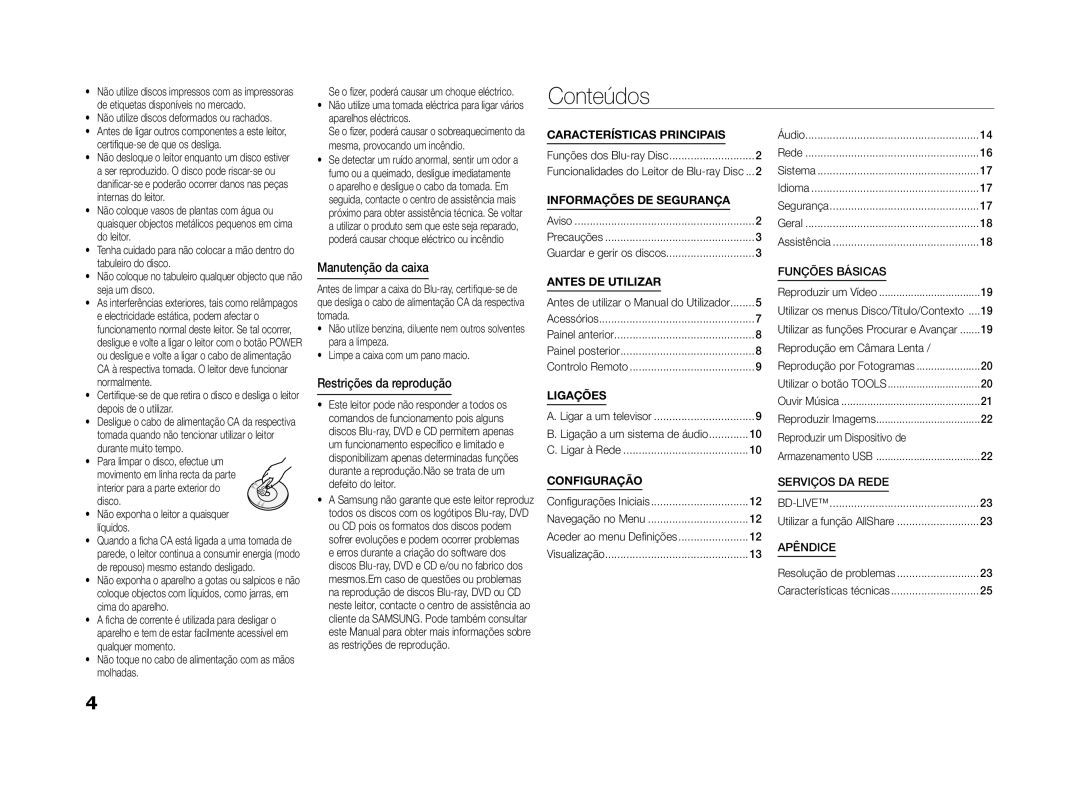 Samsung BD-ES5000/ZF, BD-ES5000/XU manual Conteúdos, Manutenção da caixa, Restrições da reprodução 