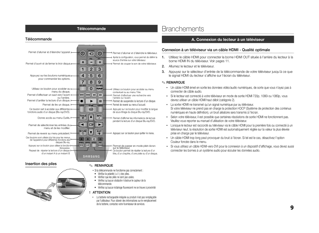 Samsung BD-ES5000/XU, BD-ES5000/ZF manual Télécommande, Connexion du lecteur à un téléviseur, Insertion des piles 