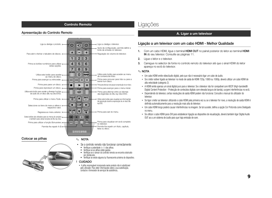 Samsung BD-ES5000/XU, BD-ES5000/ZF Ligações, Apresentação do Controlo Remoto, Ligar a um televisor, Colocar as pilhas 