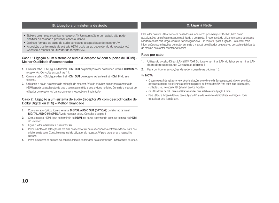 Samsung BD-ES5000/ZF, BD-ES5000/XU manual Ligação a um sistema de áudio, Ligar à Rede, Rede por cabo 