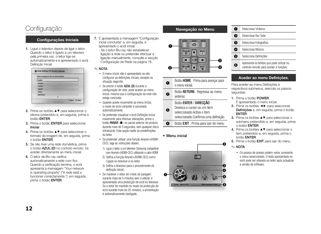 Samsung BD-ES5000/ZF, BD-ES5000/XU manual Configuração, Navegação no Menu, Configurações Iniciais, Aceder ao menu Definições 