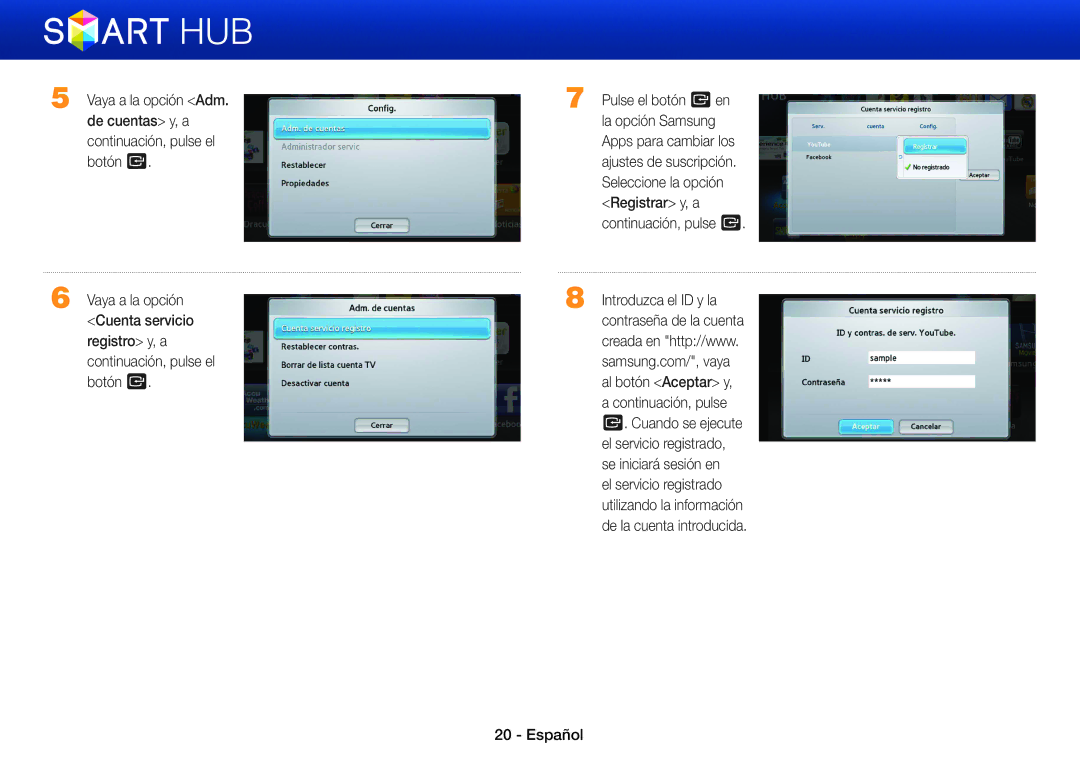 Samsung BD-ES5000/ZF, BD-ES7000/ZF manual Seleccione la opción, Registrar y, a, Continuación, pulse e, Introduzca el ID y la 