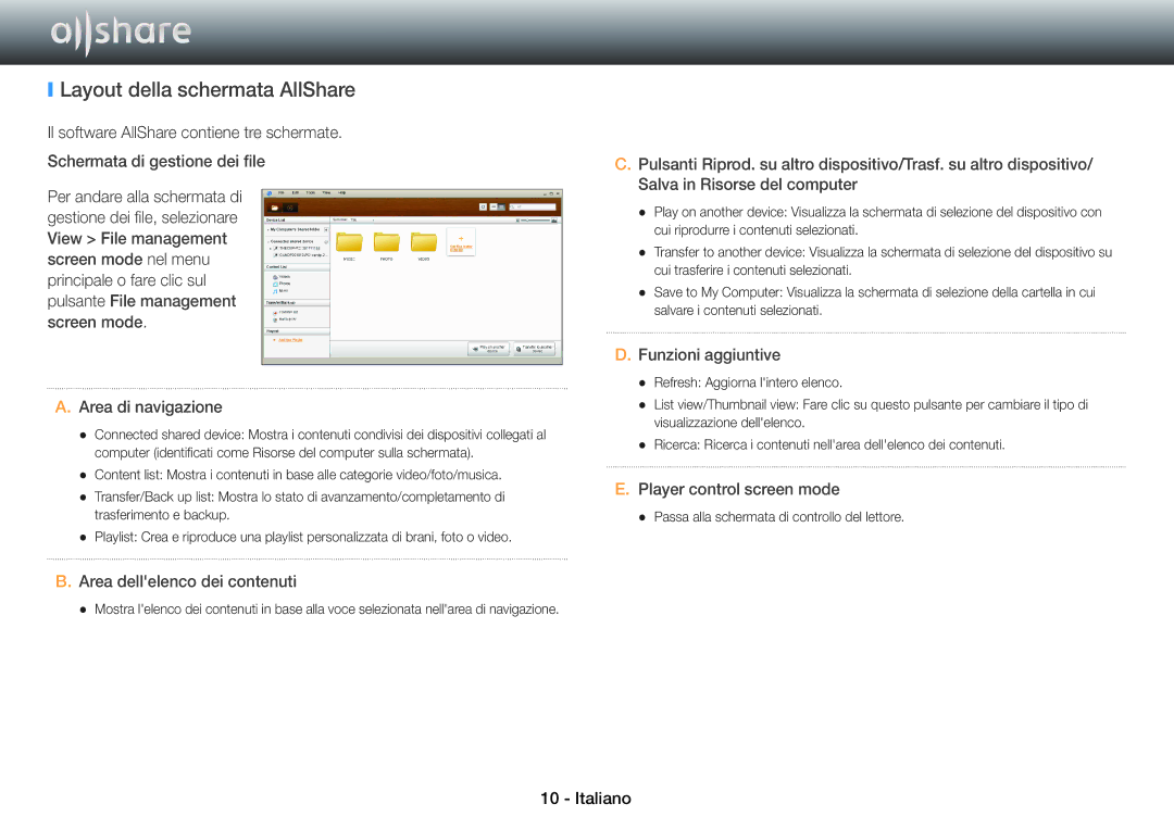 Samsung BD-ES5000/ZF, BD-ES7000/ZF Layout della schermata AllShare, Area dellelenco dei contenuti, Funzioni aggiuntive 