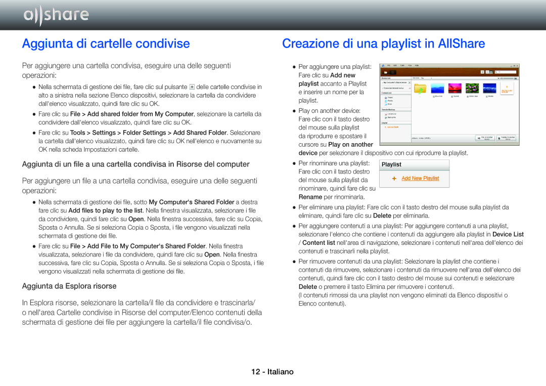 Samsung BD-ES5000/XU Aggiunta di cartelle condivise, Creazione di una playlist in AllShare, Aggiunta da Esplora risorse 