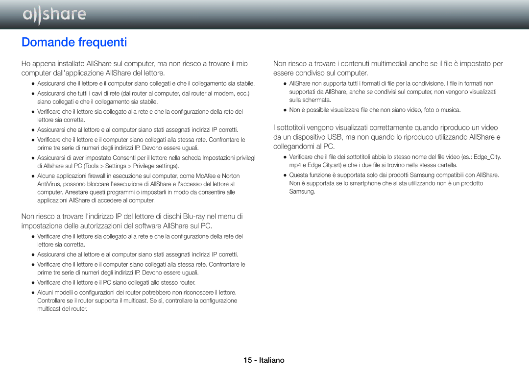 Samsung BD-ES5000/ZF, BD-ES7000/ZF, BD-ES5000/XU, BD-E5500/ZF, BD-E5500/ZN manual Domande frequenti 