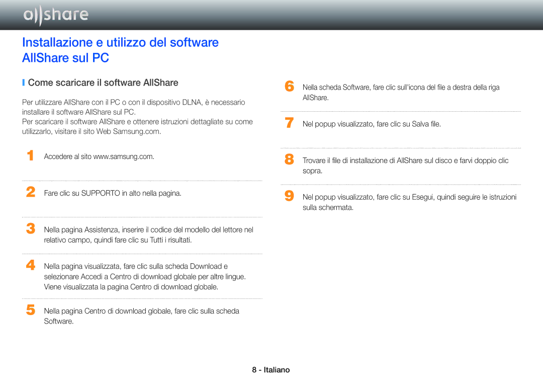 Samsung BD-E5500/ZF manual Installazione e utilizzo del software AllShare sul PC, Come scaricare il software AllShare 