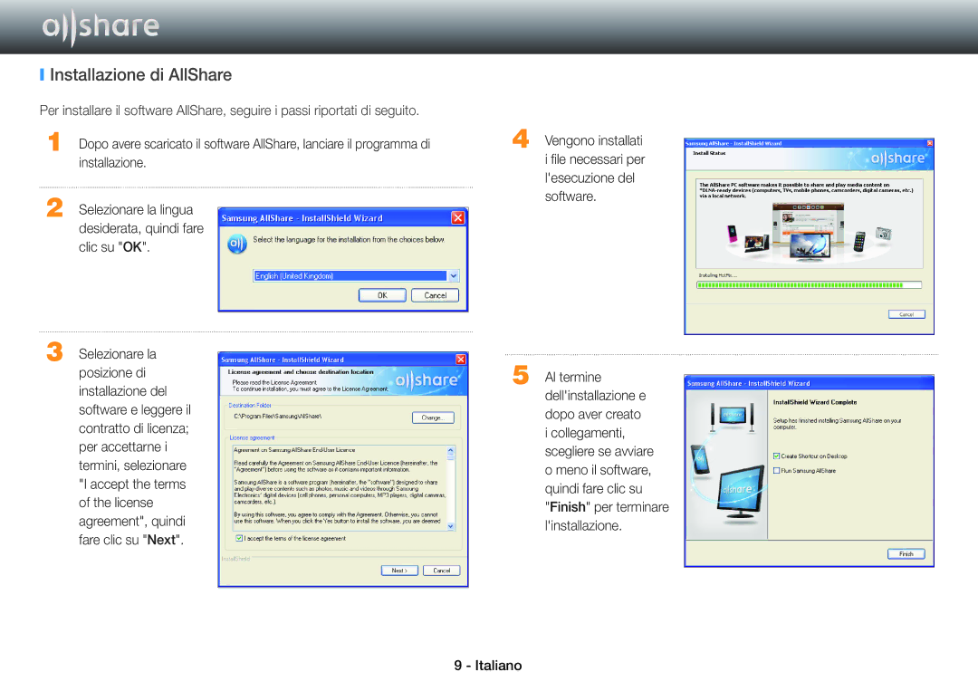 Samsung BD-E5500/ZN, BD-ES5000/ZF, BD-ES7000/ZF, BD-ES5000/XU, BD-E5500/ZF manual Installazione di AllShare 