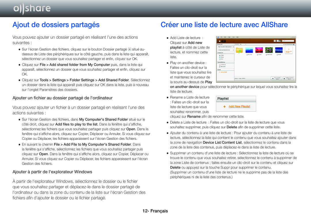 Samsung BD-ES5000/ZF, BD-ES7000/ZF, BD-ES5000/XU manual Ajout de dossiers partagés, Créer une liste de lecture avec AllShare 