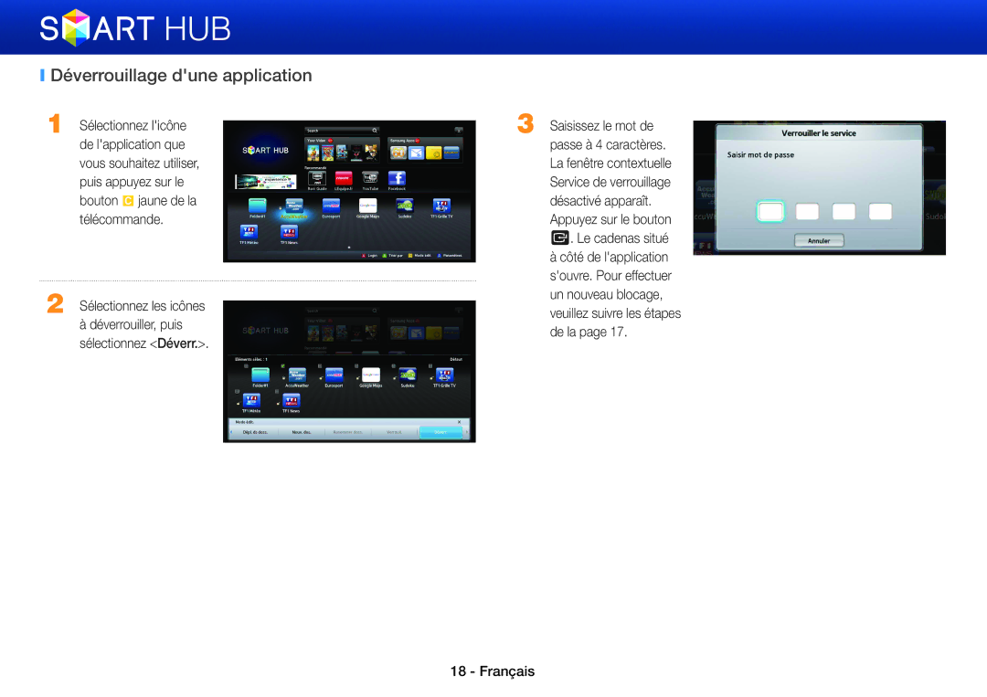 Samsung BD-ES5000/XU, BD-ES5000/ZF, BD-ES7000/ZF, BD-E5500/ZF manual Déverrouillage dune application, Sélectionnez Déverr 