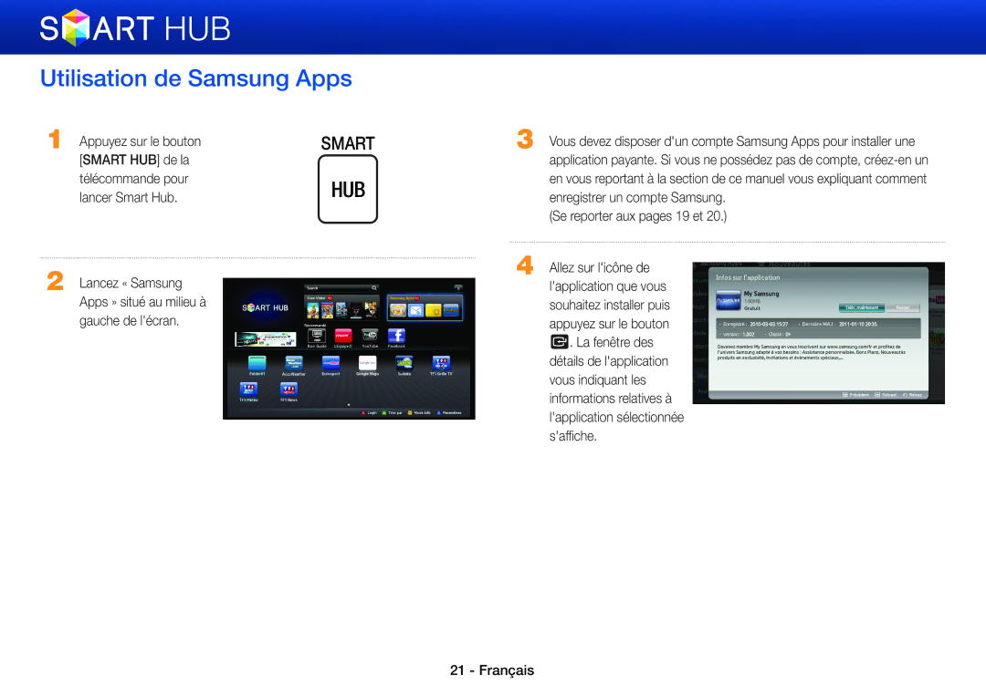 Samsung BD-ES7000/ZF, BD-ES5000/ZF, BD-ES5000/XU, BD-E5500/ZF manual Utilisation de Samsung Apps 