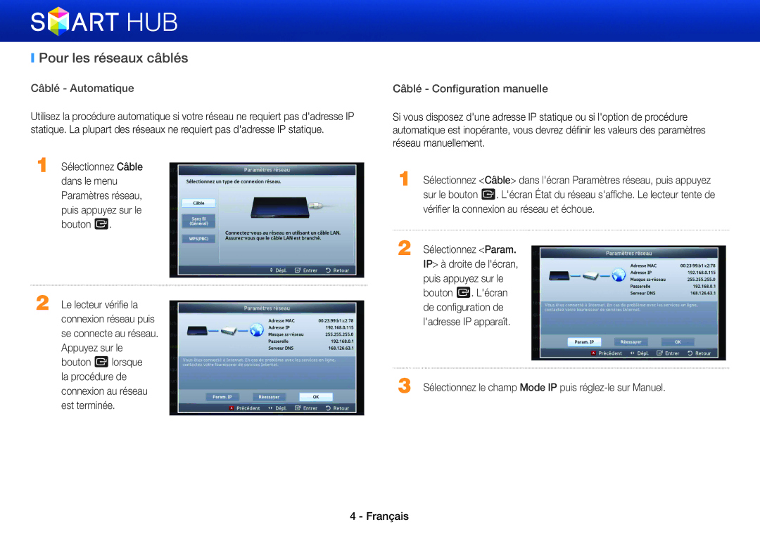 Samsung BD-ES5000/ZF, BD-ES7000/ZF, BD-ES5000/XU, BD-E5500/ZF manual Pour les réseaux câblés 