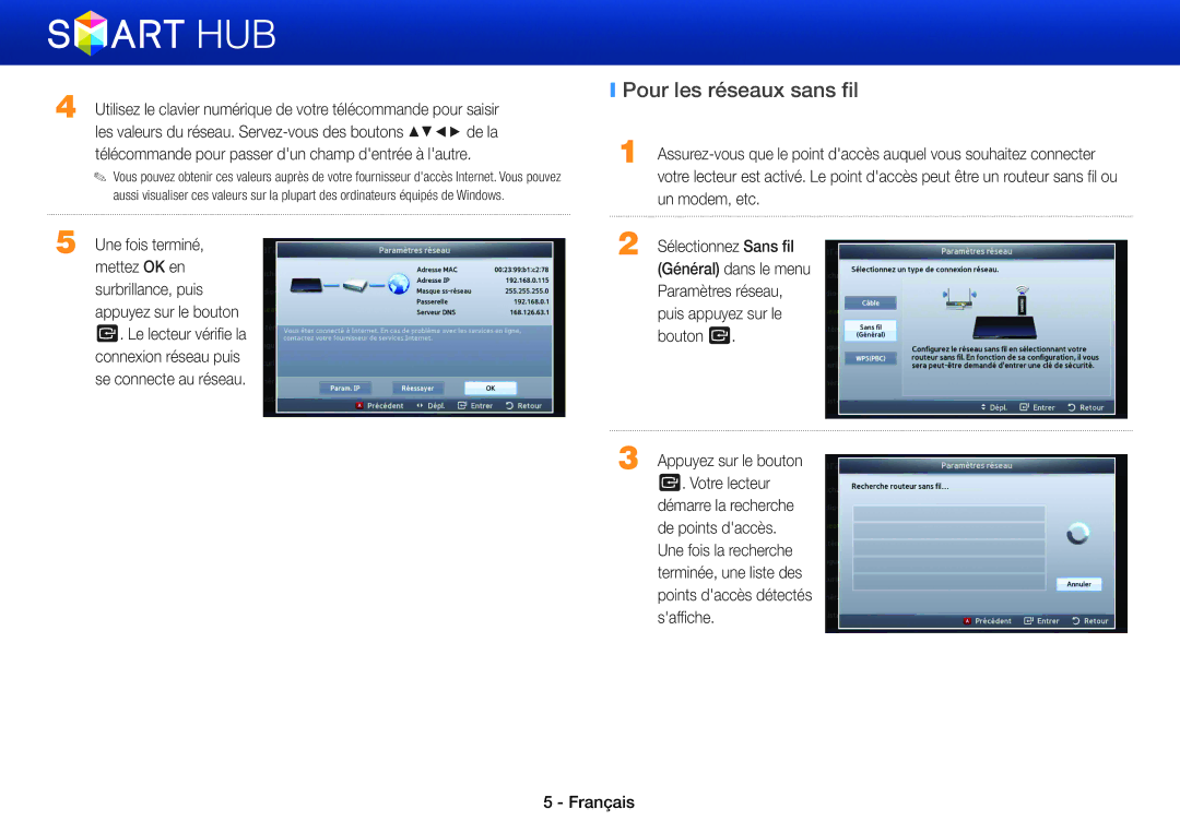 Samsung BD-ES7000/ZF, BD-ES5000/ZF, BD-ES5000/XU, BD-E5500/ZF manual Pour les réseaux sans fil 