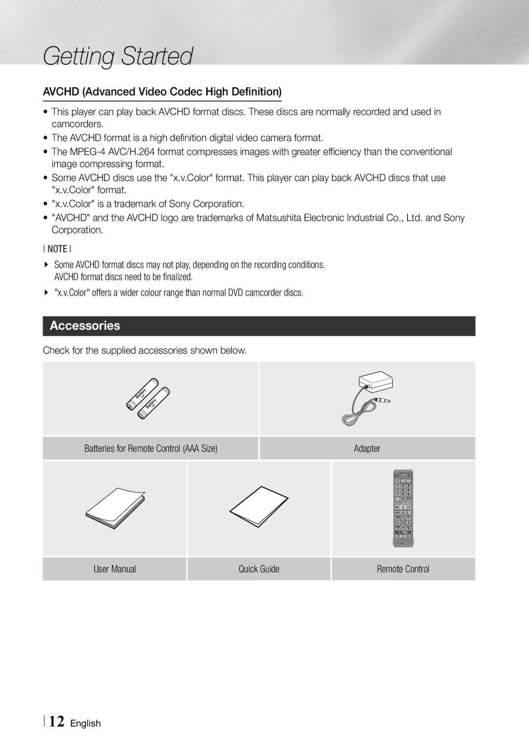 Samsung BD-ES6000 user manual Accessories, Avchd Advanced Video Codec High Definition, Quick Guide Remote Control 