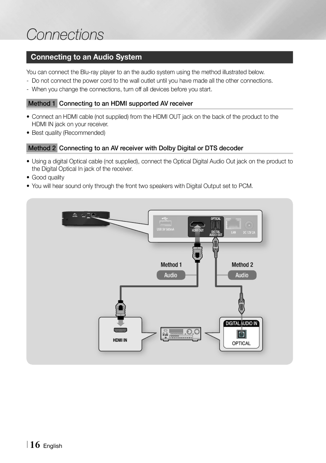 Samsung BD-ES6000 user manual Connecting to an Audio System, Method 