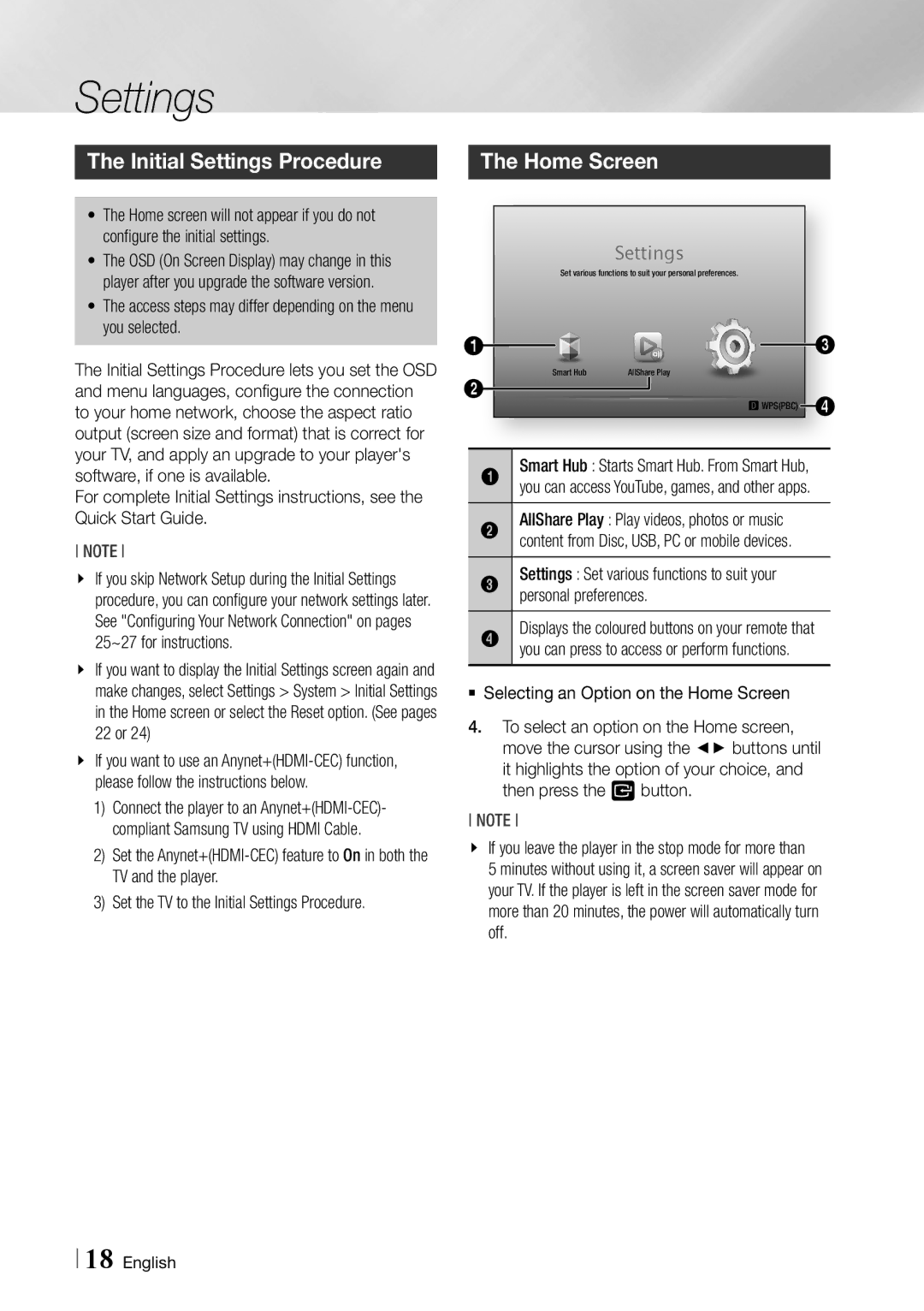 Samsung BD-ES6000 Initial Settings Procedure, Home Screen, Access steps may differ depending on the menu you selected 