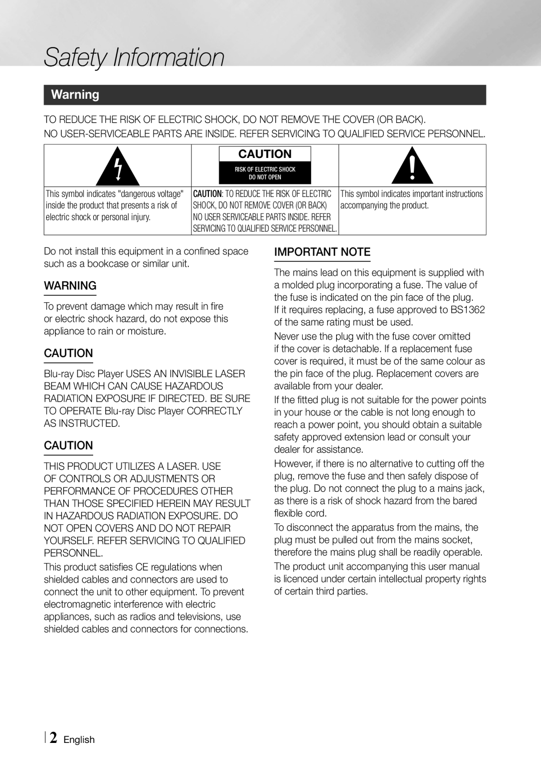 Samsung BD-ES6000 user manual Accompanying the product, Electric shock or personal injury, English 