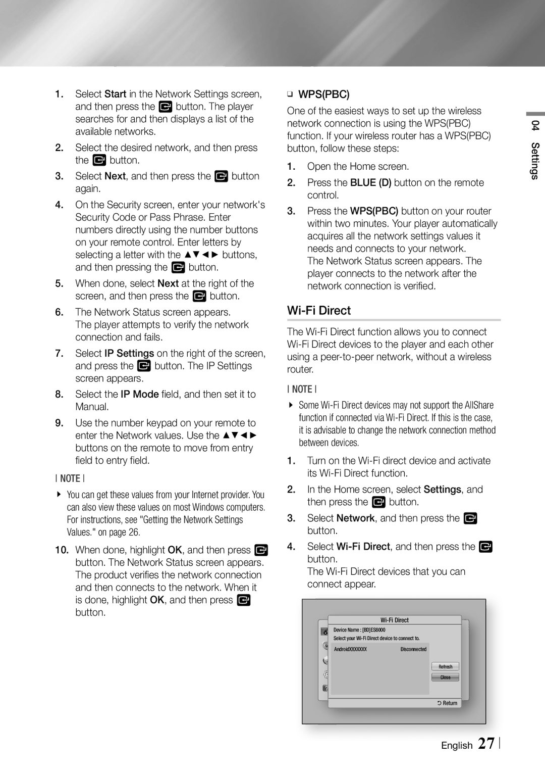 Samsung BD-ES6000 user manual Wi-Fi Direct, ĞĞ Wpspbc, English Settings 