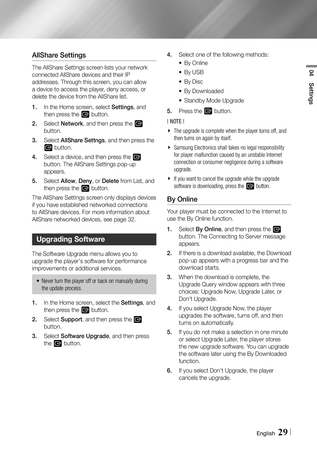 Samsung BD-ES6000 user manual AllShare Settings, Upgrading Software, By Online 