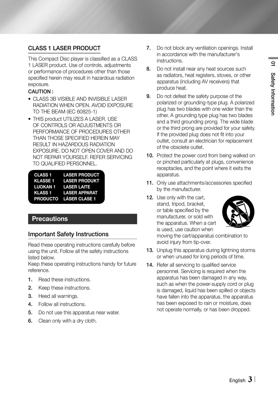 Samsung BD-ES6000 user manual Precautions, Important Safety Instructions, Safety Information English 