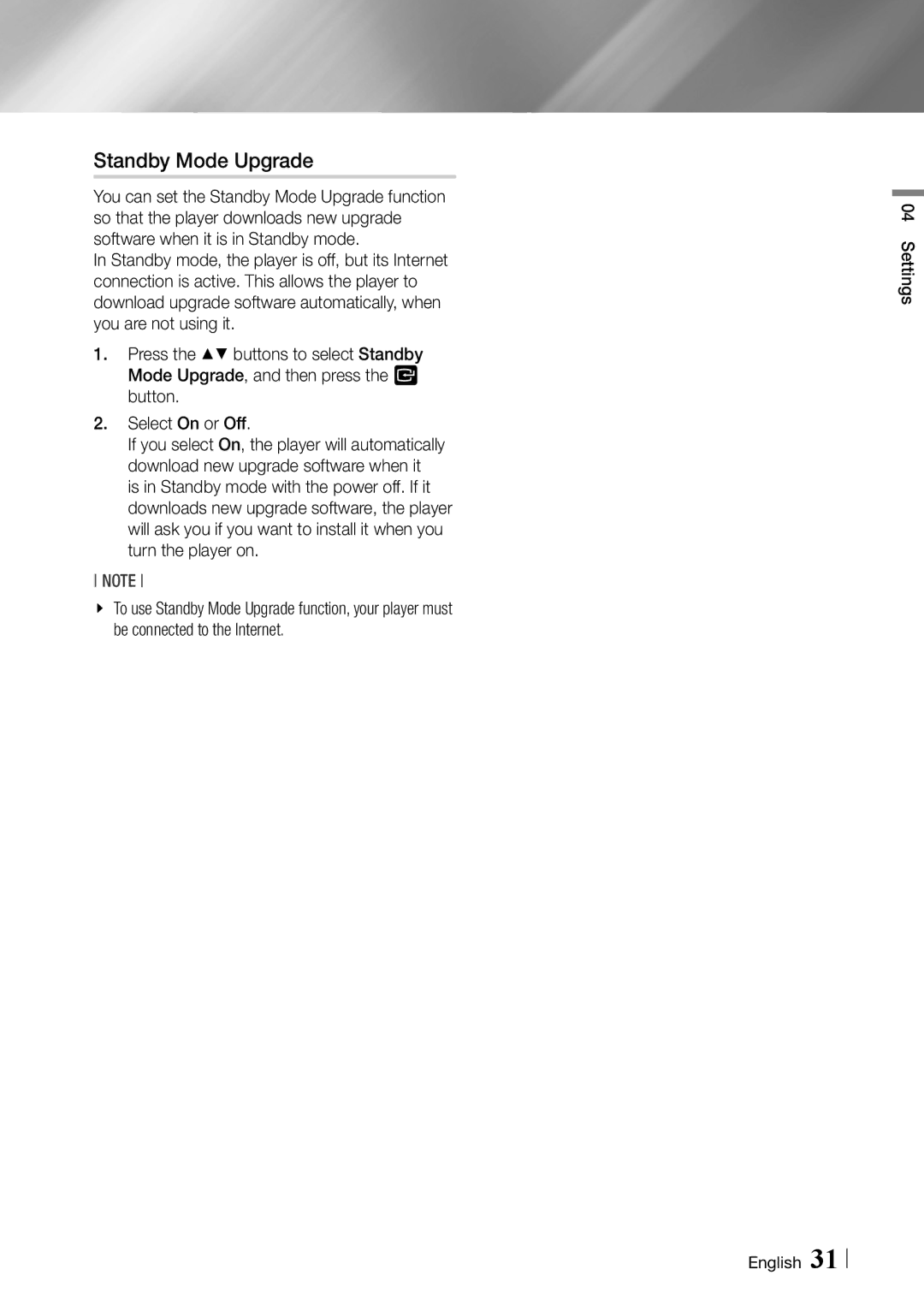 Samsung BD-ES6000 user manual Standby Mode Upgrade 