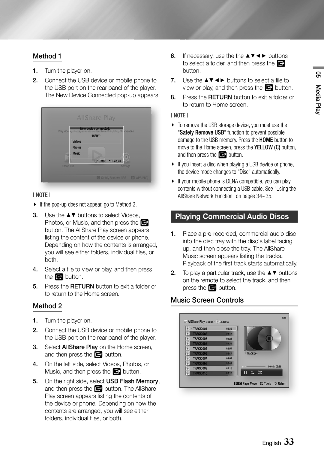 Samsung BD-ES6000 Playing Commercial Audio Discs, Music Screen Controls, Method, Turn the player on, Media Play English 