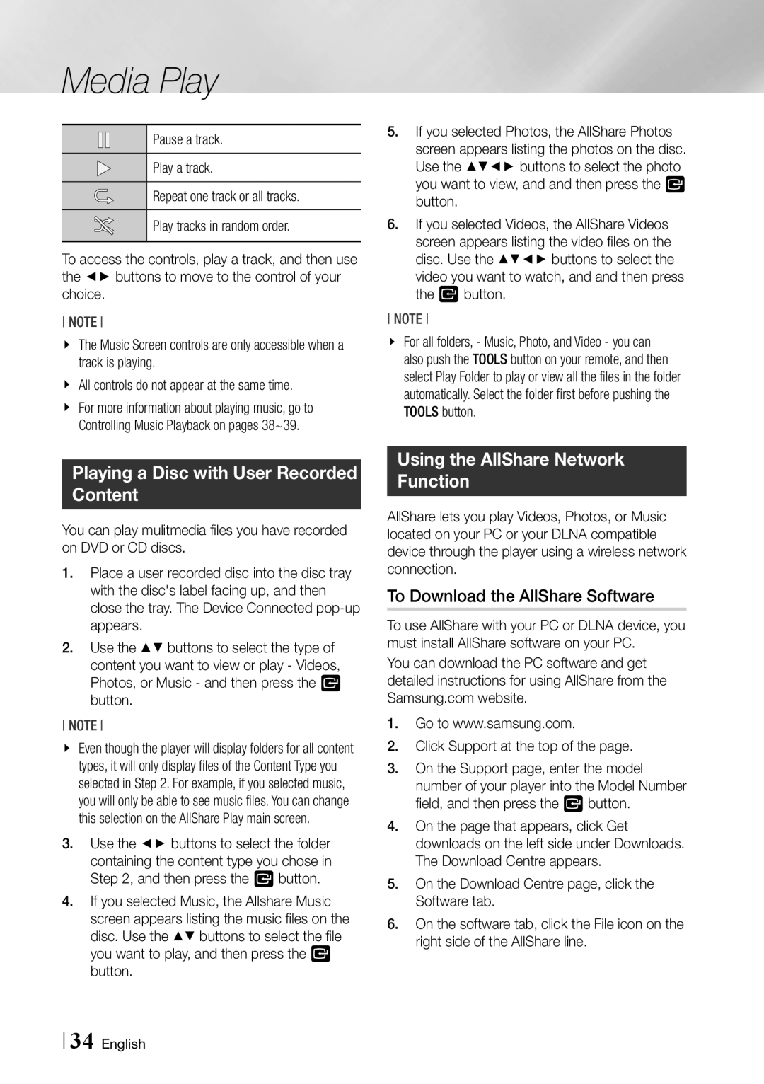 Samsung BD-ES6000 user manual Media Play, Playing a Disc with User Recorded Content, Using the AllShare Network Function 