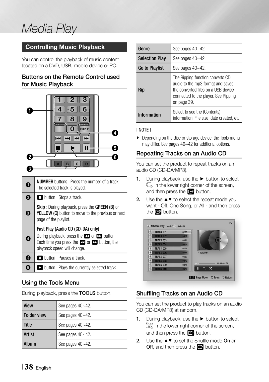 Samsung BD-ES6000 user manual Controlling Music Playback, Buttons on the Remote Control used for Music Playback 