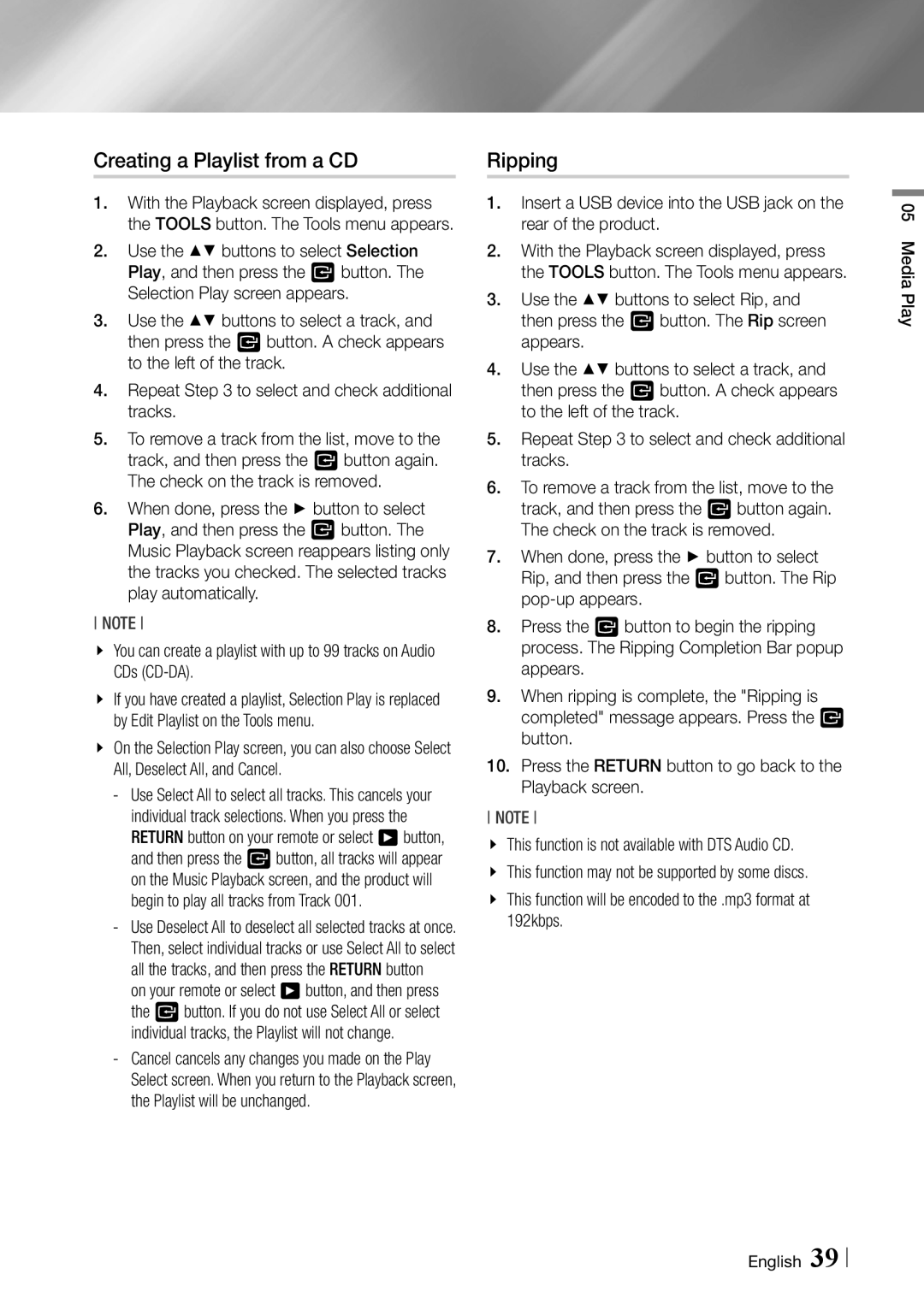 Samsung BD-ES6000 user manual Creating a Playlist from a CD, Ripping, 192kbps 