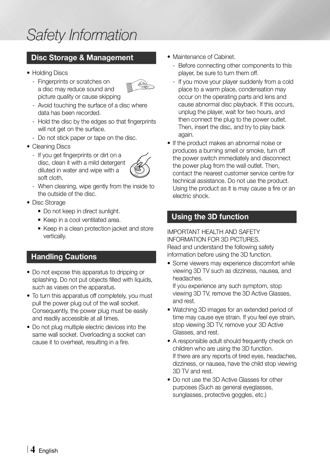 Samsung BD-ES6000 user manual Safety Information, Disc Storage & Management, Handling Cautions, Using the 3D function 