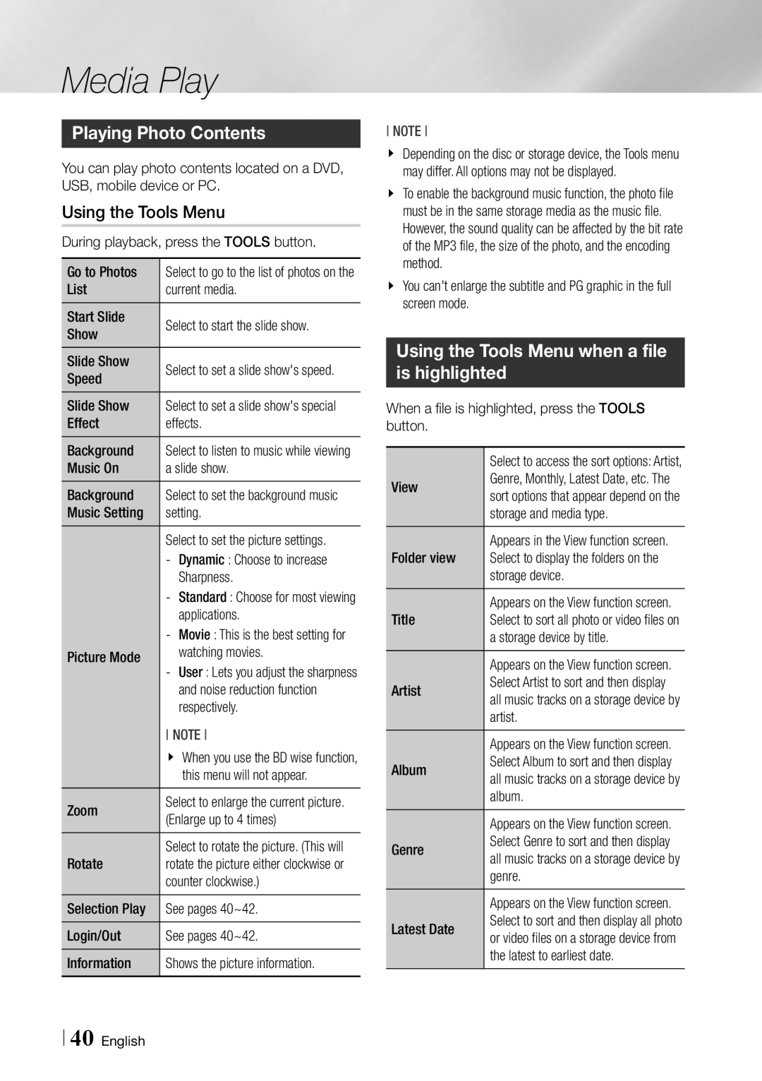 Samsung BD-ES6000 user manual Playing Photo Contents, Using the Tools Menu when a file is highlighted 