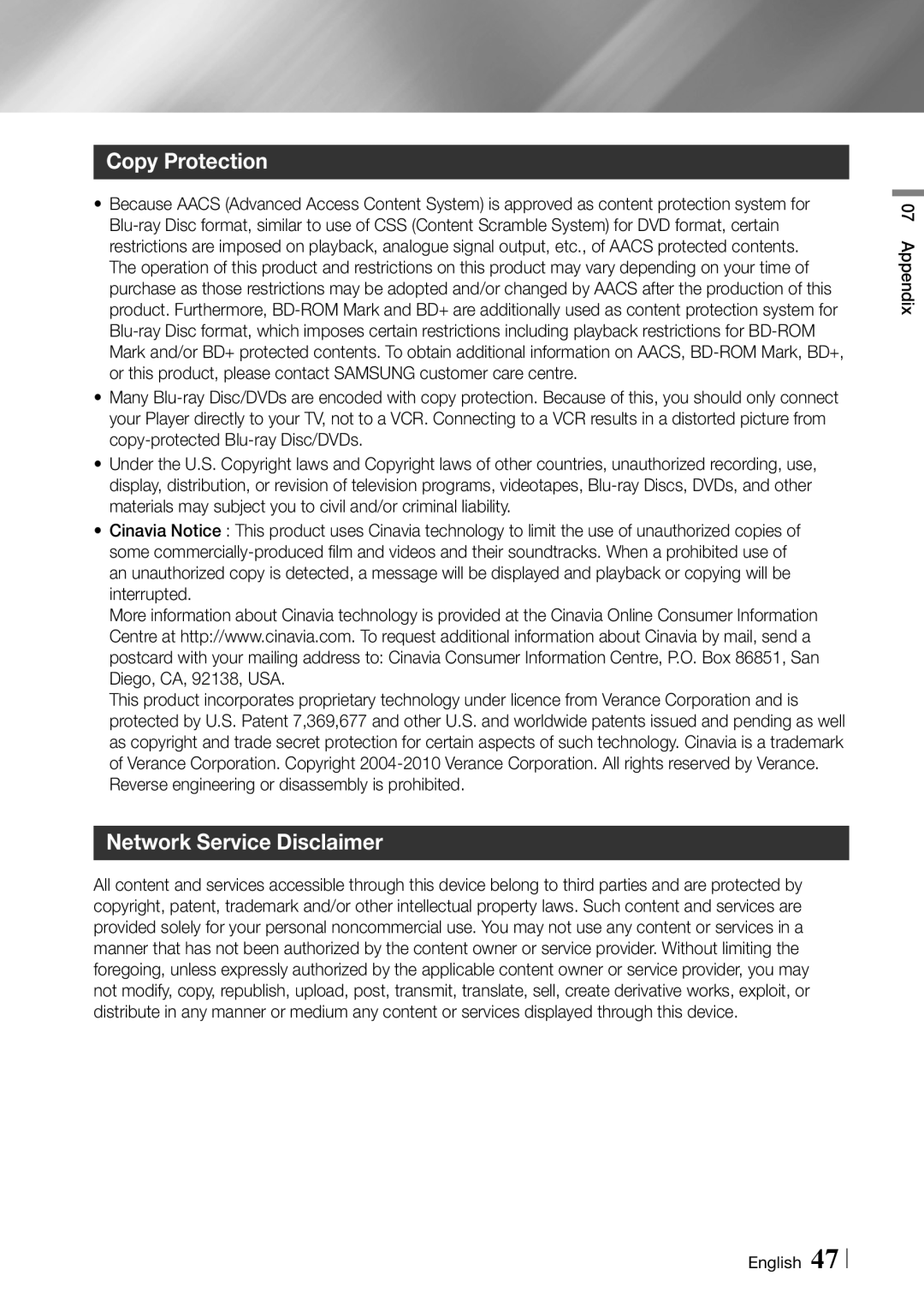 Samsung BD-ES6000 user manual Copy Protection, Network Service Disclaimer, Appendix English 