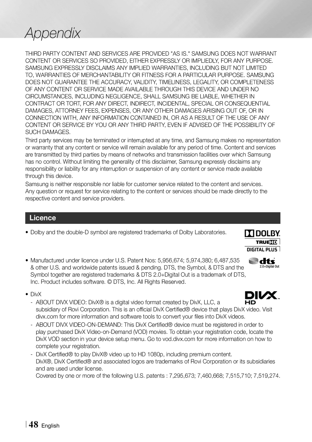 Samsung BD-ES6000 user manual Appendix, Licence 