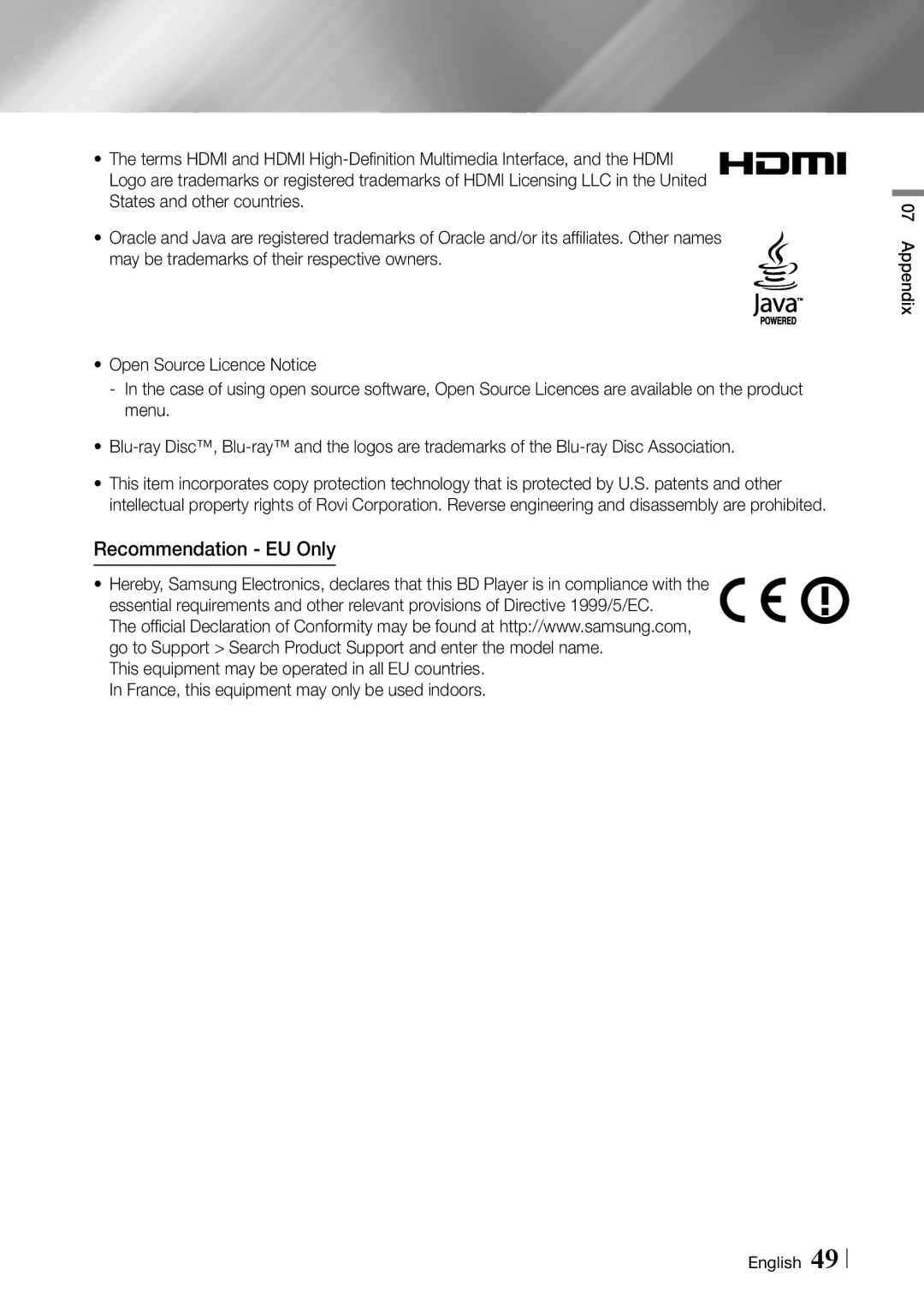 Samsung BD-ES6000 user manual Recommendation EU Only 