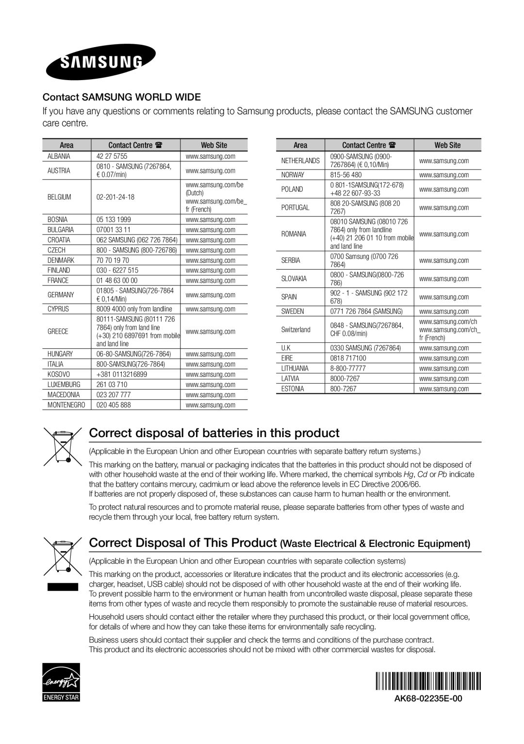 Samsung BD-ES6000 user manual Correct disposal of batteries in this product, Web Site 