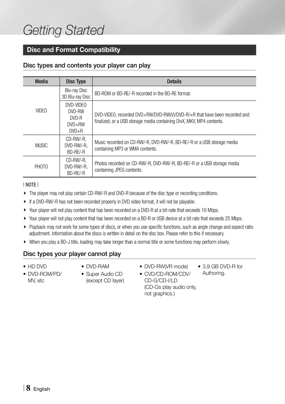 Samsung BD-ES6000 user manual Disc and Format Compatibility, Disc types and contents your player can play 