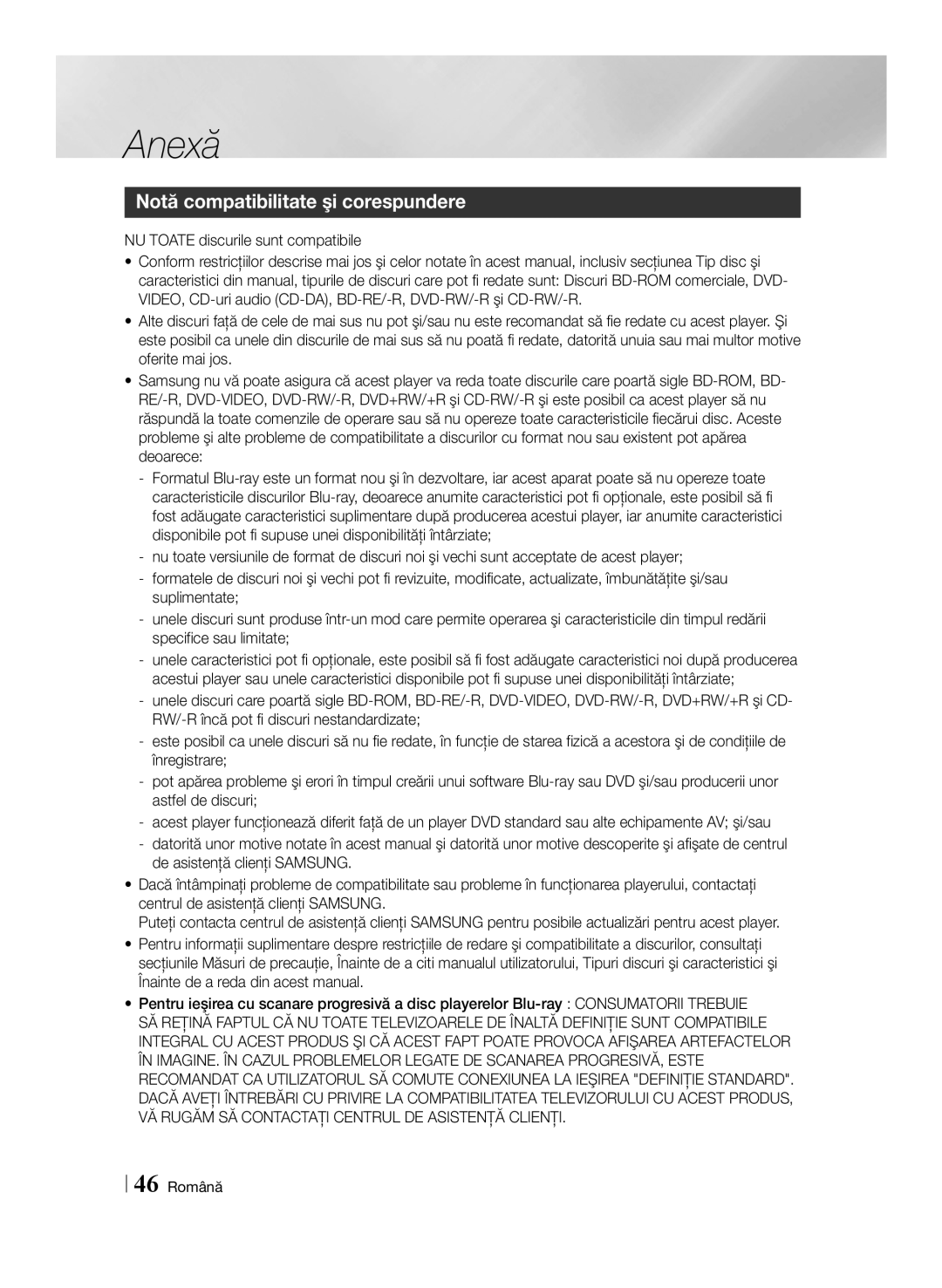 Samsung BD-ES6000E/EN, BD-ES6000/EN manual Anexă, Notă compatibilitate şi corespundere, 46 Română 