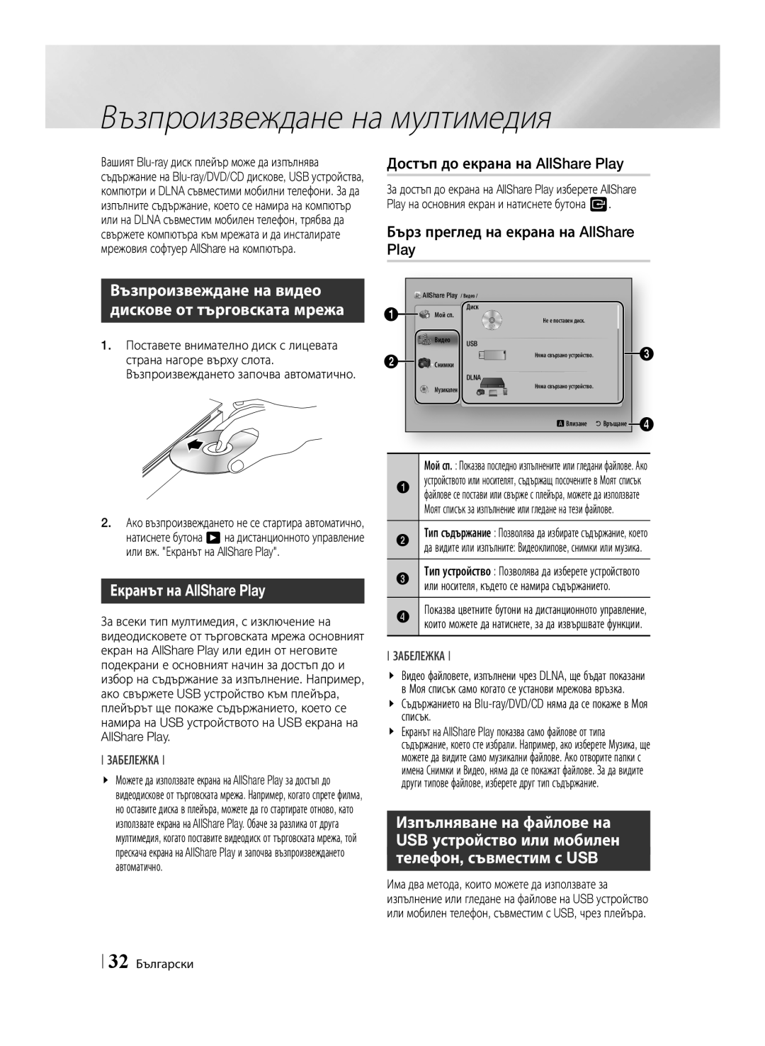 Samsung BD-ES6000E/EN manual Възпроизвеждане на мултимедия, Достъп до екрана на AllShare Play, Екранът на AllShare Play 