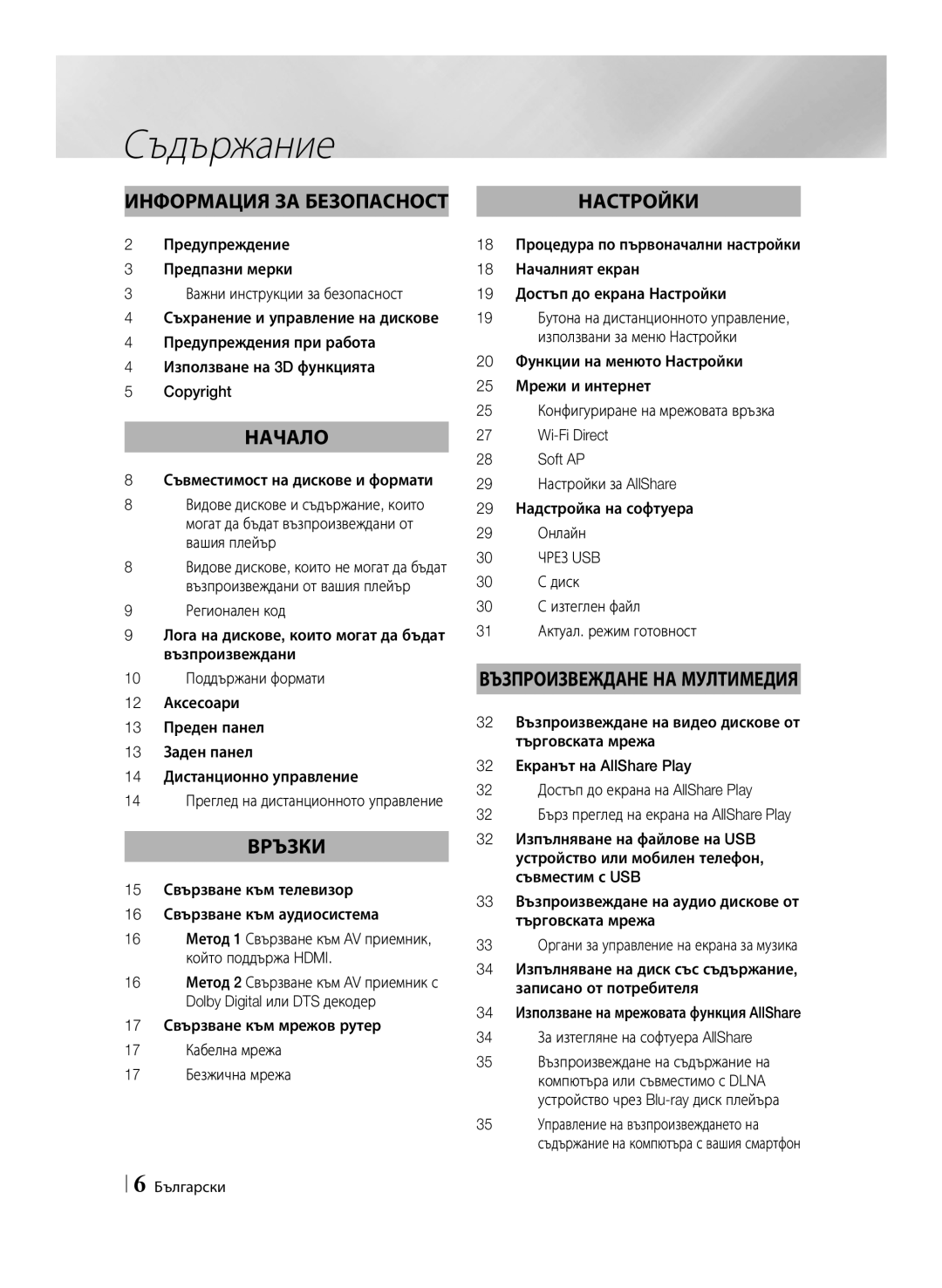 Samsung BD-ES6000E/EN, BD-ES6000/EN manual Съдържание, Съвместимост на дискове и формати, 30 Чрез USB 