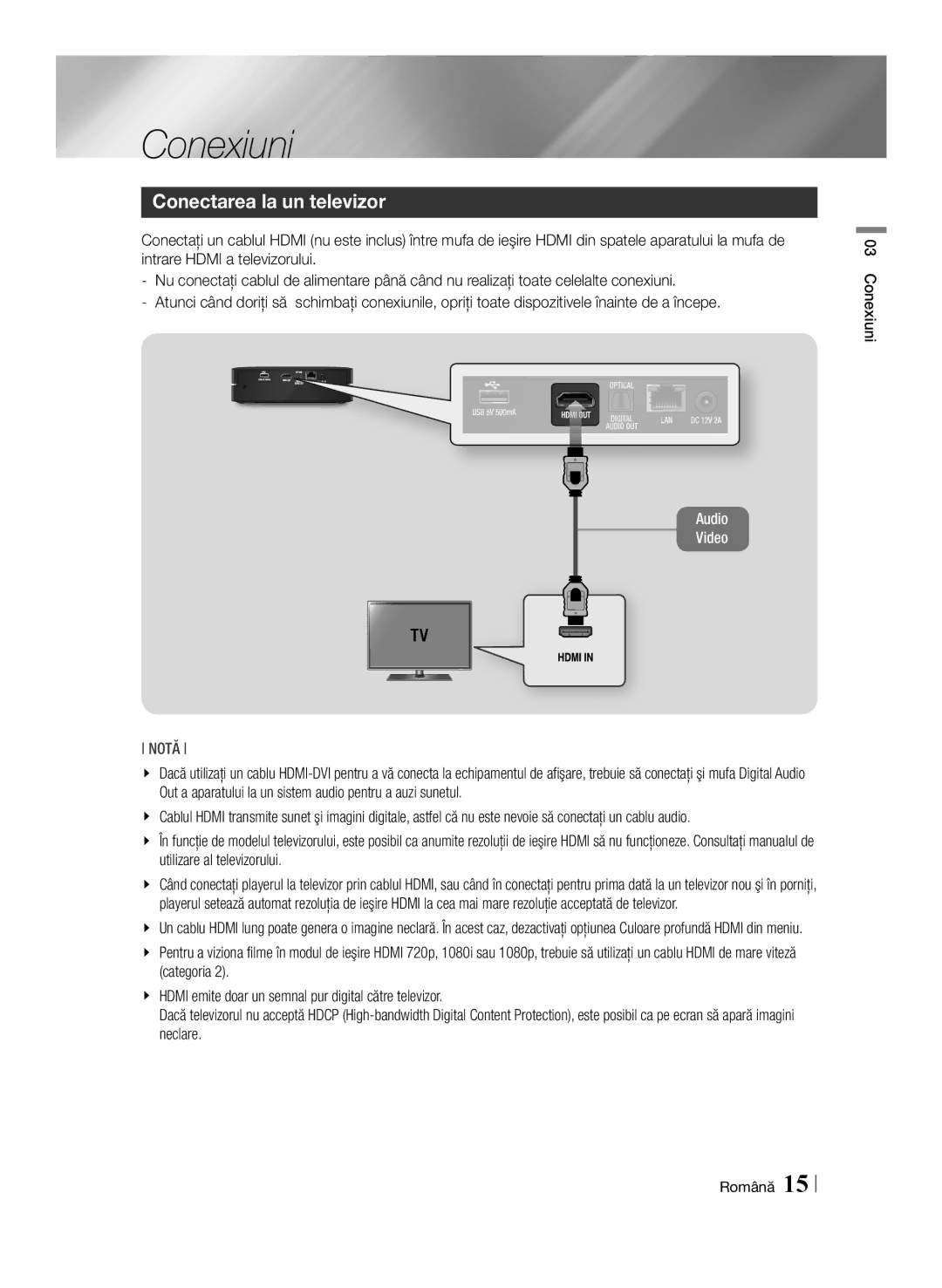 Samsung BD-ES6000/EN, BD-ES6000E/EN manual Conectarea la un televizor, Conexiuni Română 