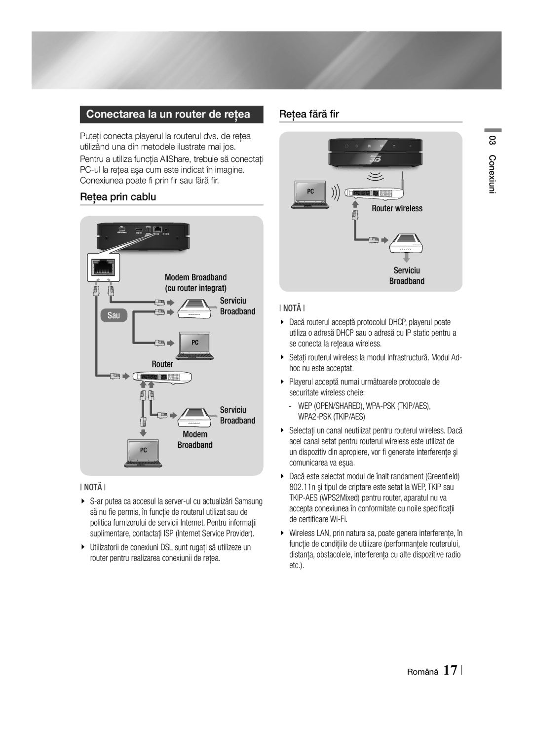 Samsung BD-ES6000/EN, BD-ES6000E/EN manual Conectarea la un router de reţea, Reţea prin cablu, Reţea fără fir 