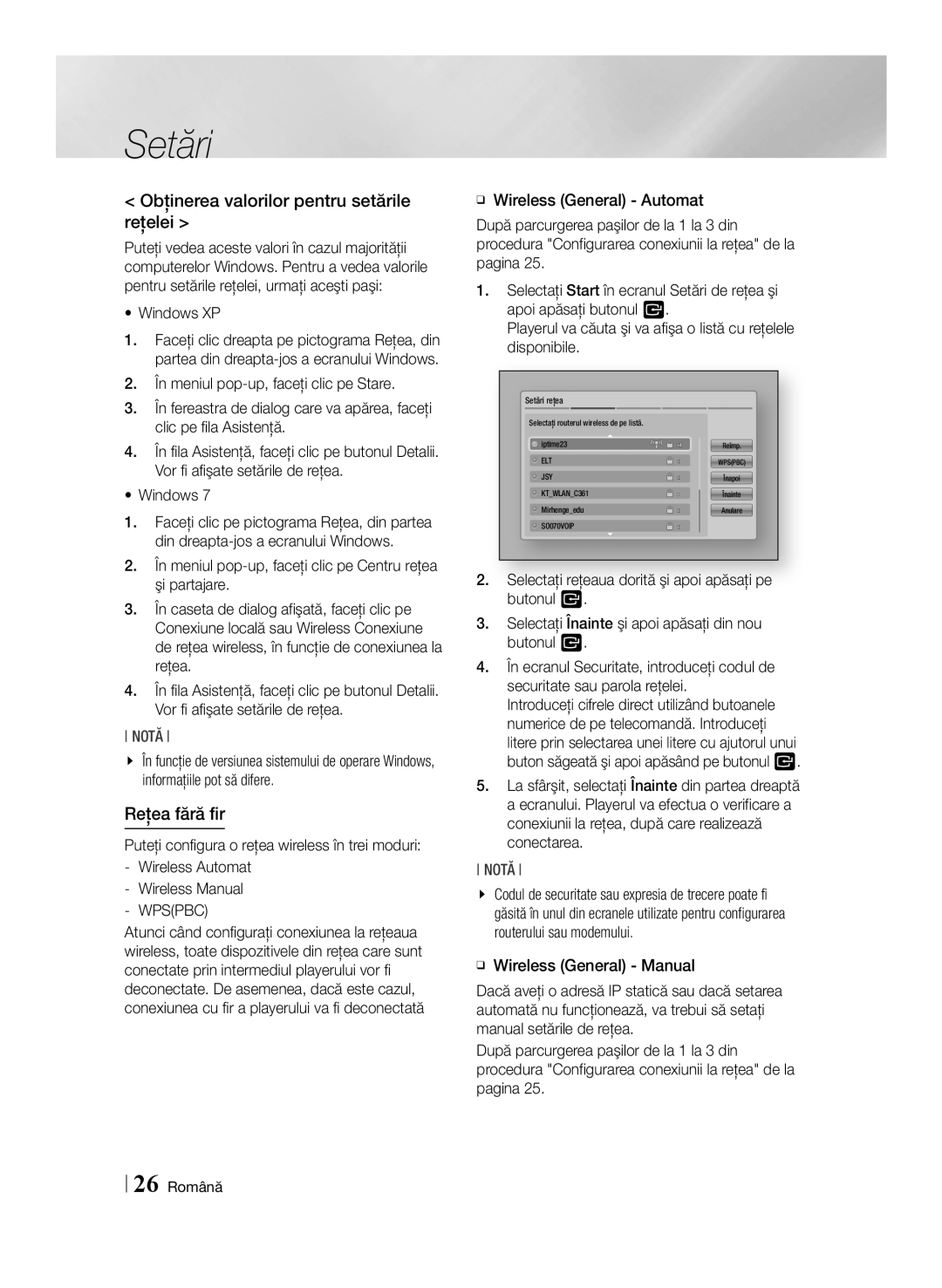 Samsung BD-ES6000E/EN Obţinerea valorilor pentru setările reţelei, Reţea fără fir, Windows XP, Wireless Manual -- Wpspbc 