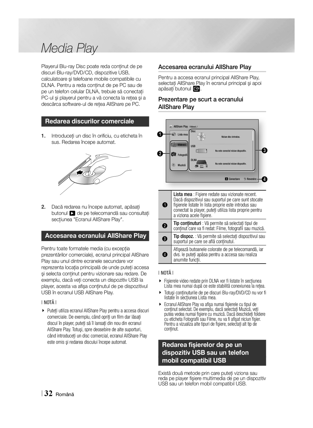 Samsung BD-ES6000E/EN manual Media Play, Accesarea ecranului AllShare Play, Prezentare pe scurt a ecranului AllShare Play 