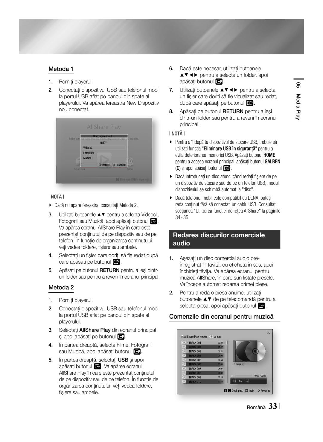 Samsung BD-ES6000/EN manual Redarea discurilor comerciale audio, Comenzile din ecranul pentru muzică, Metoda, Media Play 