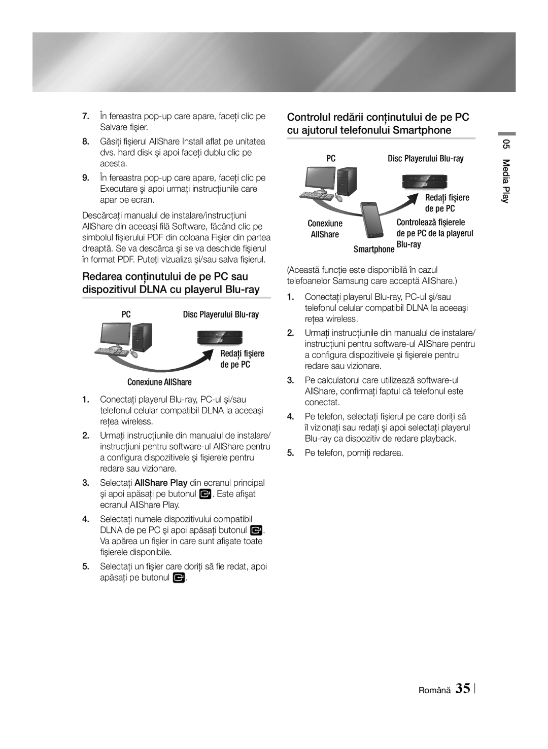 Samsung BD-ES6000/EN manual Disc Playerului Blu-ray, Smartphone Blu-ray, Pe telefon, porniţi redarea, Media Play Română 