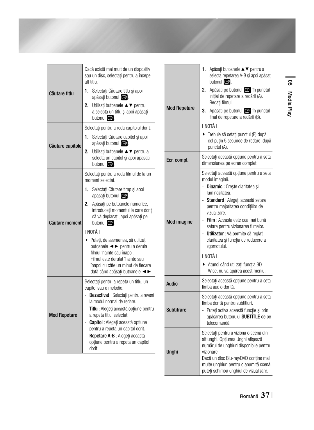 Samsung BD-ES6000/EN Alt titlu, Căutare titlu, Apăsaţi butonul, Moment selectat, Filmul înainte sau înapoi, Mod Repetare 