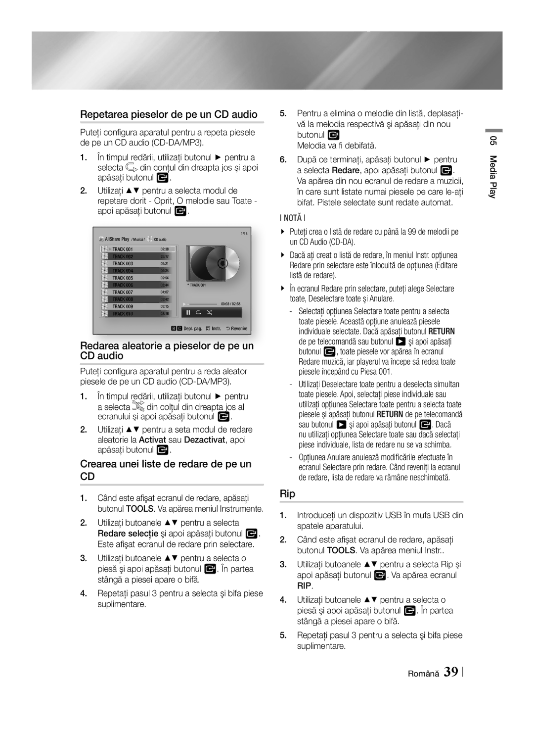 Samsung BD-ES6000/EN manual Repetarea pieselor de pe un CD audio, Redarea aleatorie a pieselor de pe un CD audio, Rip 