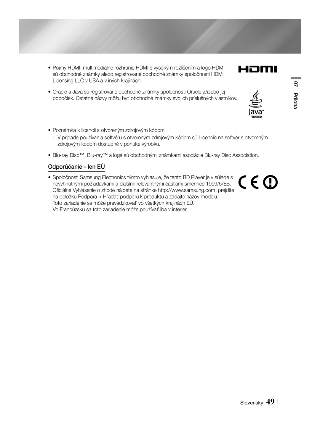 Samsung BD-ES6000/EN, BD-ES6000E/EN manual Odporúčanie len EÚ, 07 Príloha Slovensky 