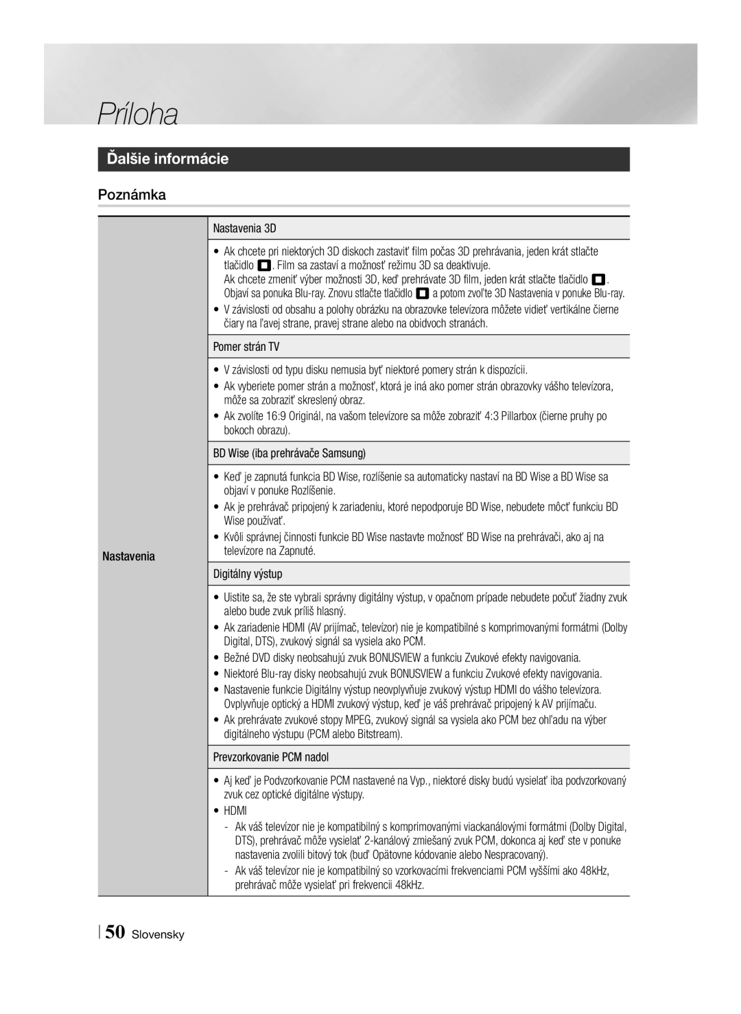 Samsung BD-ES6000E/EN, BD-ES6000/EN manual Ďalšie informácie, Nastavenia Nastavenia 3D 