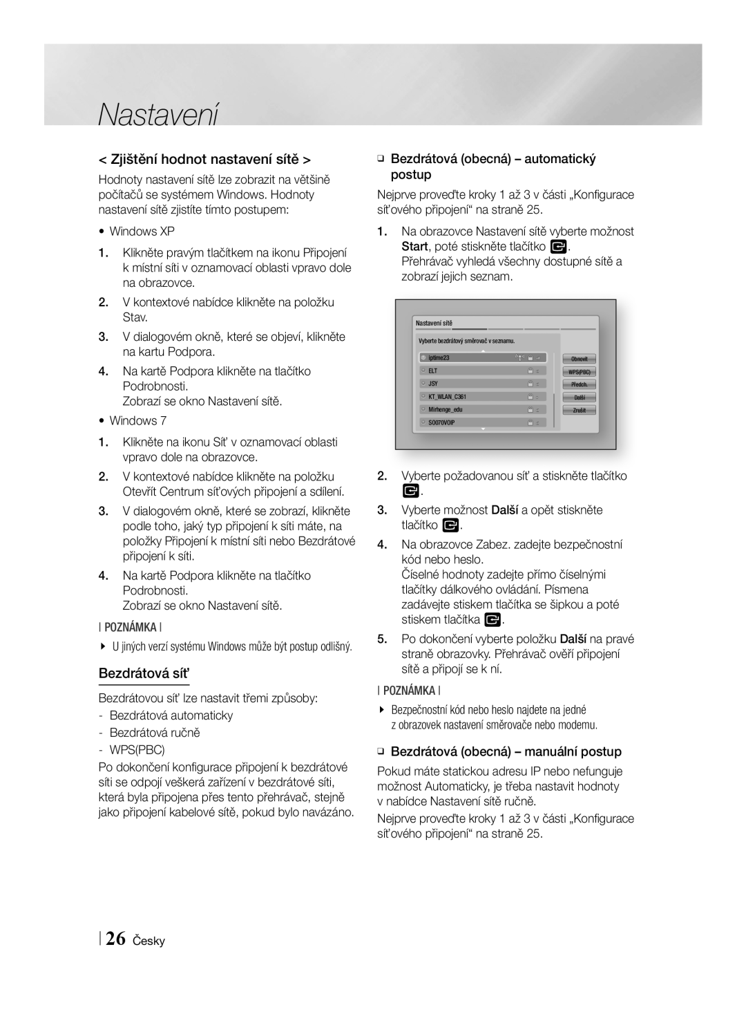 Samsung BD-ES6000E/EN manual Zjištění hodnot nastavení sítě, Bezdrátová síť, ĞĞ Bezdrátová obecná manuální postup, 26 Česky 