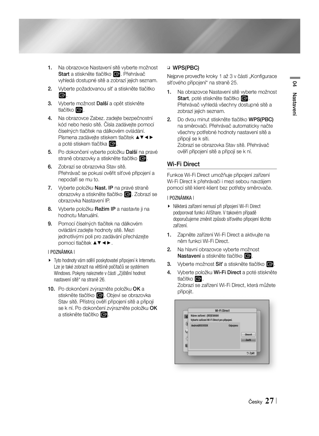 Samsung BD-ES6000/EN, BD-ES6000E/EN Wi-Fi Direct, Písmena zadávejte stiskem tlačítek a poté stiskem tlačítka, ĞĞ Wpspbc 